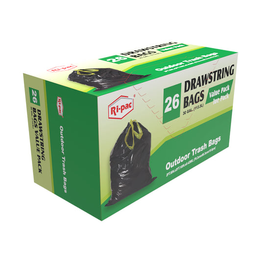 (D56630NEW) "Ri-Pac" Drawstring, 30GL/26CT, Outdoor Trash Bags, Black