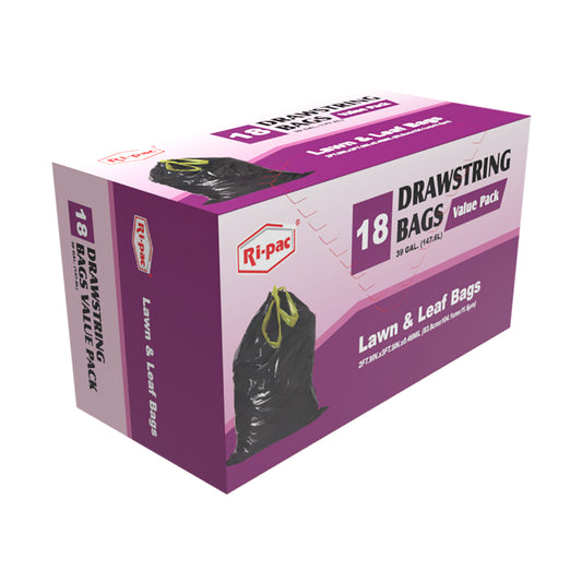 (D56639NEW) "Ri-Pac" Drawstring, 39GL/18CT, Lawn & Leaf Bags, Black