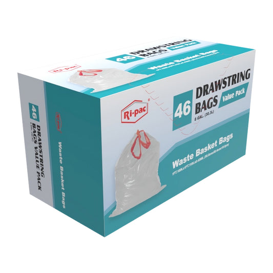 (D56608NEW) "Ri-Pac" Drawstring, 8GL/46CT, Waste Basket Bags, White