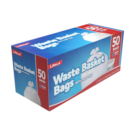 (D56208)"LA Value" Waste Basket Bags W/ Twist Ties, 8GAL, 50Bags/ Box