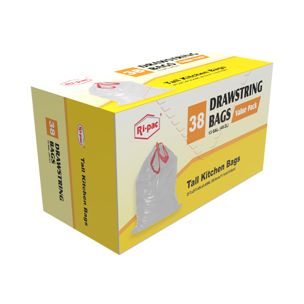 (D56613NEW) "Ri-Pac" Drawstring, 13GL/38CT, Tall Kitchen Bags, White