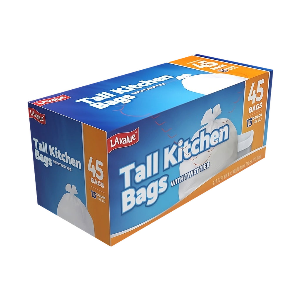 (D56213) "LA Value" Tall Kitchen Bags W/Twist Ties 13GAL, 45Bags/ Box