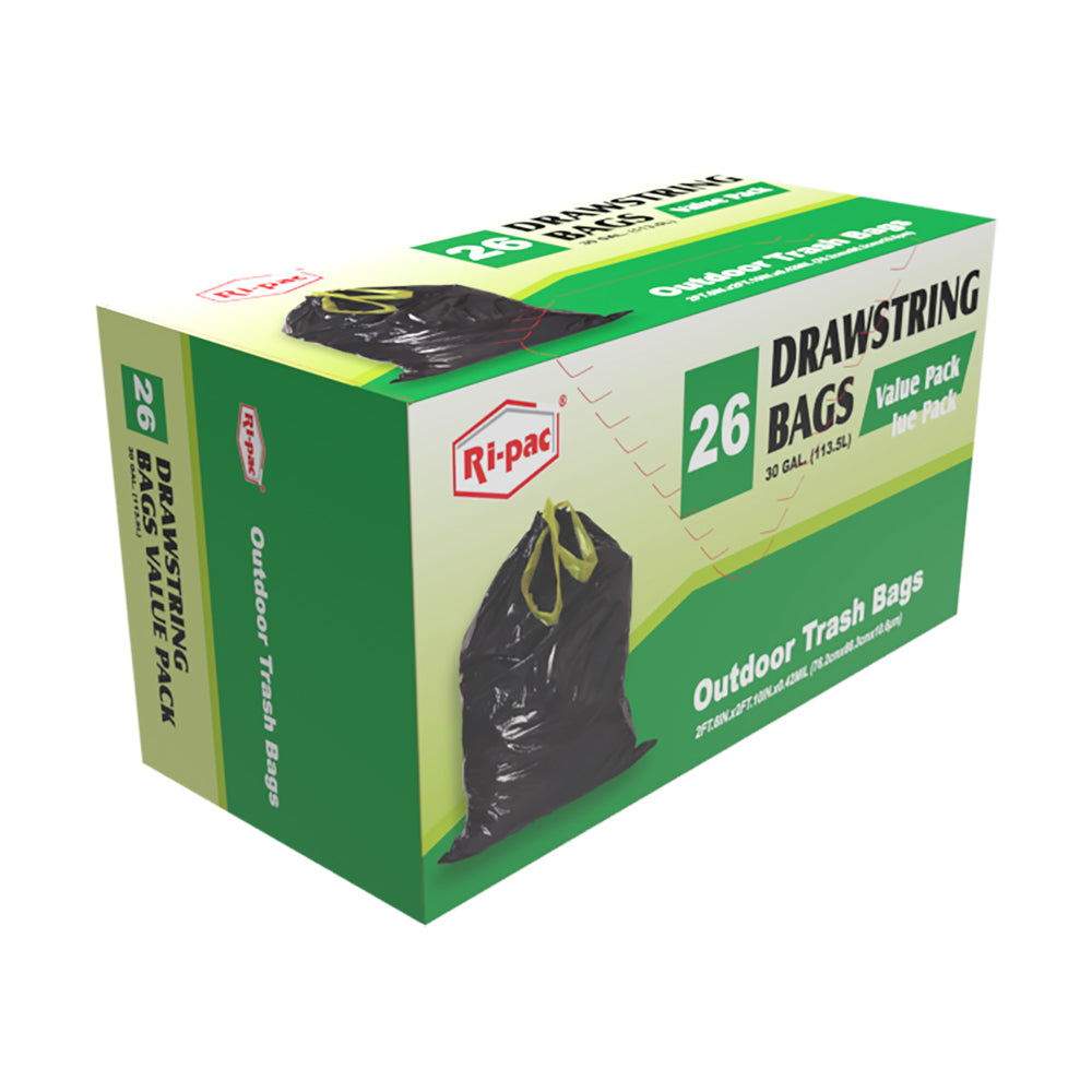 (D56630NEW) "Ri-Pac" Drawstring, 30GL/26CT, Outdoor Trash Bags, Black