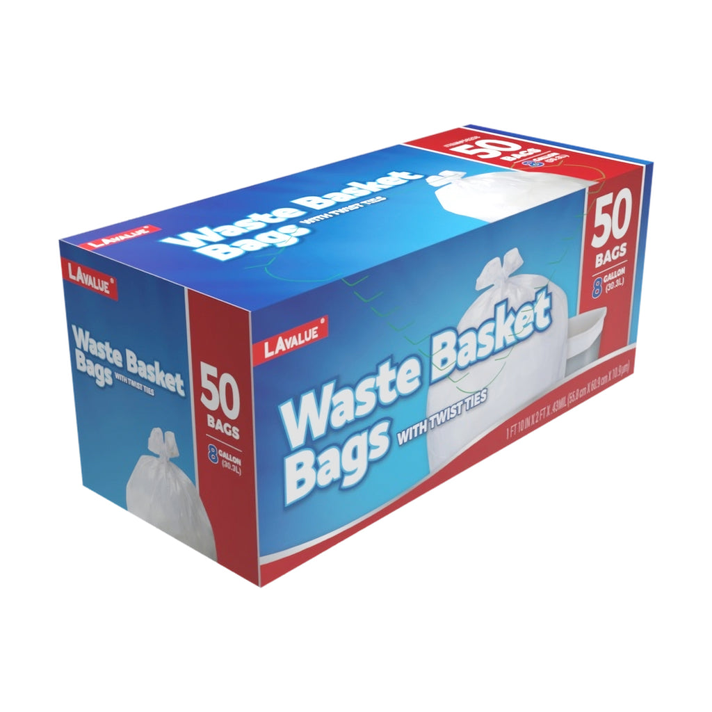 (D56208)"LA Value" Waste Basket Bags W/ Twist Ties, 8GAL, 50Bags/ Box