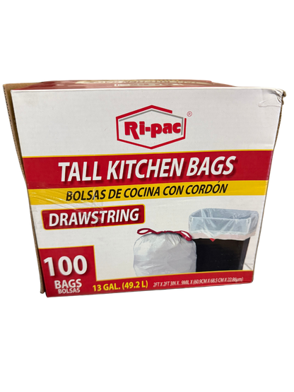 (D56713) "Ri-Pac" Drawstring Jumbo Pack,  Tall Kitchen Bags 13 GAL/100CT